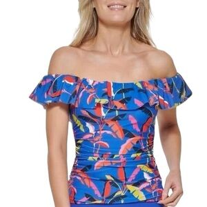 Tommy Hilfiger BLUE MULTI Ruffle Tankini Swim Top NEW XS Style TZ2KH242 NEW